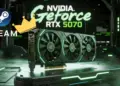 Ilustrasi kartu grafis NVIDIA GeForce RTX 5070 mengenakan mahkota raja bersanding dengan logo Steam, menandakan popularitasnya yang menggeser RTX 4070.