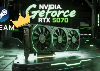 Ilustrasi kartu grafis NVIDIA GeForce RTX 5070 mengenakan mahkota raja bersanding dengan logo Steam, menandakan popularitasnya yang menggeser RTX 4070.