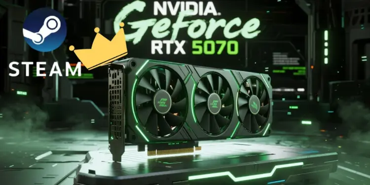 Ilustrasi kartu grafis NVIDIA GeForce RTX 5070 mengenakan mahkota raja bersanding dengan logo Steam, menandakan popularitasnya yang menggeser RTX 4070.