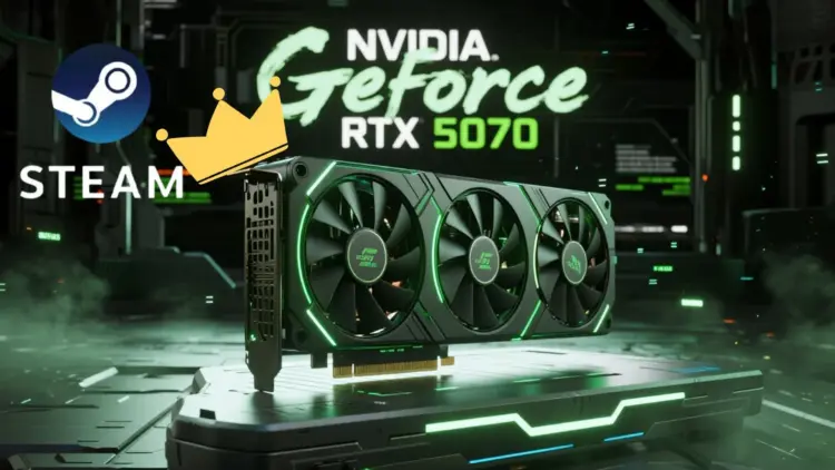 Ilustrasi kartu grafis NVIDIA GeForce RTX 5070 mengenakan mahkota raja bersanding dengan logo Steam, menandakan popularitasnya yang menggeser RTX 4070.