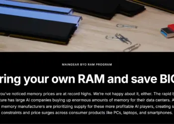 Poster promosi program Maingear BYO RAM yang menawarkan solusi rakit PC gaming tanpa RAM DDR5 bawaan pabrik, memungkinkan gamer membawa memori sendiri untuk menghemat biaya di tengah lonjakan harga komponen akibat tren AI.