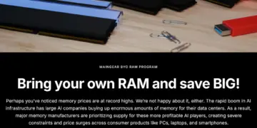 Poster promosi program Maingear BYO RAM yang menawarkan solusi rakit PC gaming tanpa RAM DDR5 bawaan pabrik, memungkinkan gamer membawa memori sendiri untuk menghemat biaya di tengah lonjakan harga komponen akibat tren AI.