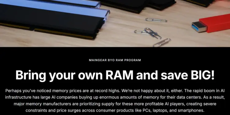 Poster promosi program Maingear BYO RAM yang menawarkan solusi rakit PC gaming tanpa RAM DDR5 bawaan pabrik, memungkinkan gamer membawa memori sendiri untuk menghemat biaya di tengah lonjakan harga komponen akibat tren AI.