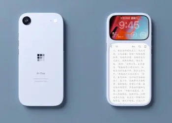 Render desain smartphone Pixel Duo Concept yang menampilkan layar ganda di bagian depan, terdiri dari panel IPS 120Hz di bagian atas dan panel E-Ink jumbo untuk membaca di bagian bawah.