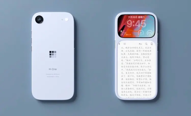 Render desain smartphone Pixel Duo Concept yang menampilkan layar ganda di bagian depan, terdiri dari panel IPS 120Hz di bagian atas dan panel E-Ink jumbo untuk membaca di bagian bawah.