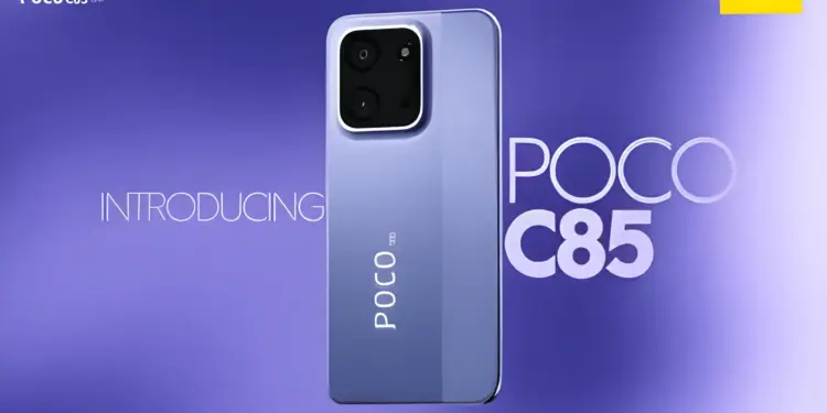 Teaser promosi peluncuran HP Poco C85 5G warna ungu yang membawa fitur unggulan baterai 6000mAh dan reverse charging.