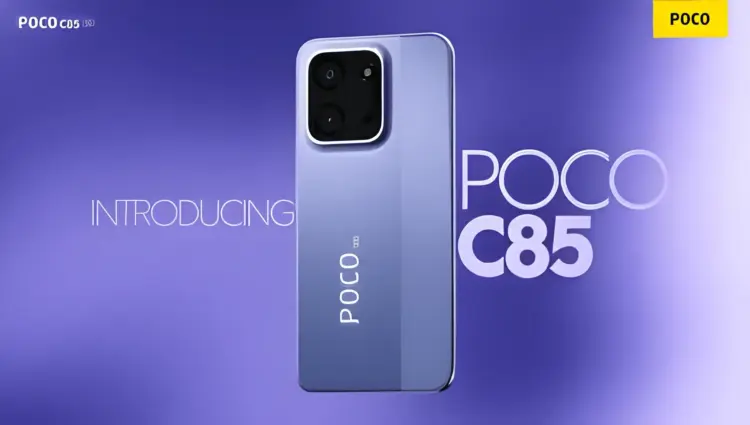 Teaser promosi peluncuran HP Poco C85 5G warna ungu yang membawa fitur unggulan baterai 6000mAh dan reverse charging.