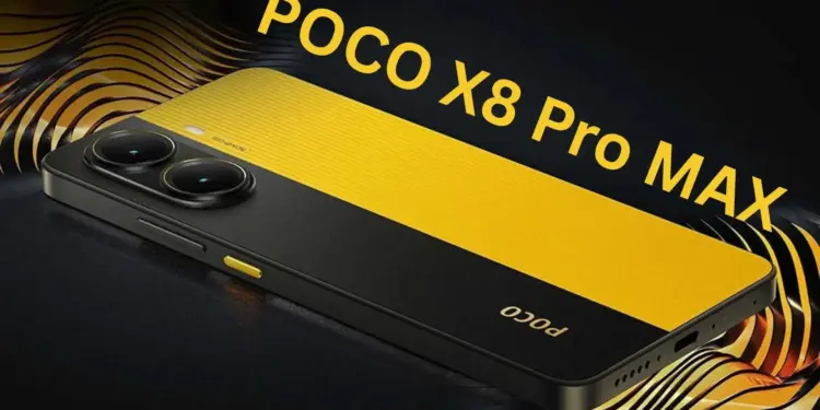 Render desain smartphone POCO X8 Pro Max dengan warna kuning ikonik dan modul kamera ganda, yang dikonfirmasi akan menggantikan peluncuran seri POCO F8.