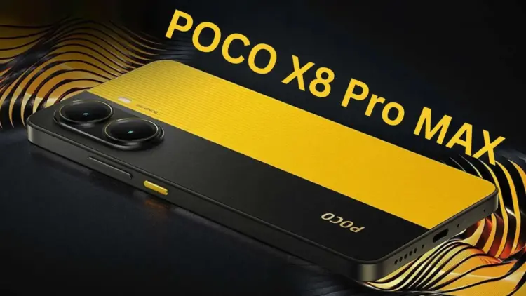 Render desain smartphone POCO X8 Pro Max dengan warna kuning ikonik dan modul kamera ganda, yang dikonfirmasi akan menggantikan peluncuran seri POCO F8.