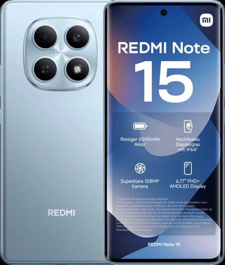 Gambar promosi Redmi Note 15 4G, menyoroti spesifikasi layar 6,77 inci AMOLED, baterai 6000mAh, dan rating ketahanan IP64.