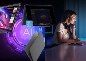 Kolase ilustrasi rekomendasi laptop AI 2025 terbaik yang menampilkan berbagai model laptop canggih untuk kebutuhan kreator konten dan pekerja profesional dengan dukungan teknologi NPU.