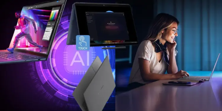 Kolase ilustrasi rekomendasi laptop AI 2025 terbaik yang menampilkan berbagai model laptop canggih untuk kebutuhan kreator konten dan pekerja profesional dengan dukungan teknologi NPU.