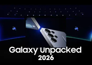 Ilustrasi acara Galaxy Unpacked 2026 yang menampilkan siluet perangkat Samsung, terkait dengan bocoran jadwal rilis Galaxy S26 yang diprediksi mundur.
