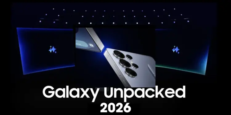 Ilustrasi acara Galaxy Unpacked 2026 yang menampilkan siluet perangkat Samsung, terkait dengan bocoran jadwal rilis Galaxy S26 yang diprediksi mundur.