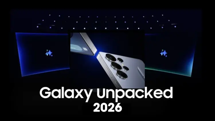 Ilustrasi acara Galaxy Unpacked 2026 yang menampilkan siluet perangkat Samsung, terkait dengan bocoran jadwal rilis Galaxy S26 yang diprediksi mundur.