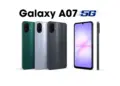 Render desain Samsung Galaxy A07 5G terbaru dalam pilihan warna hijau, silver, dan hitam, menampilkan layar depan dan modul kamera belakang ganda.