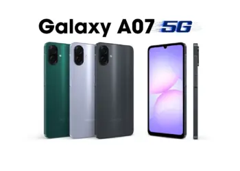 Render desain Samsung Galaxy A07 5G terbaru dalam pilihan warna hijau, silver, dan hitam, menampilkan layar depan dan modul kamera belakang ganda.