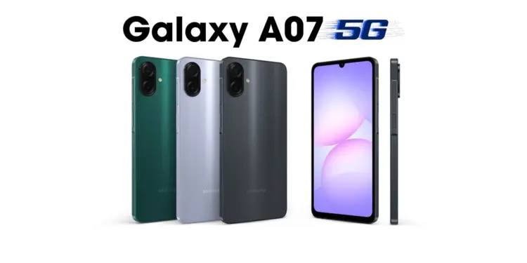 Render desain Samsung Galaxy A07 5G terbaru dalam pilihan warna hijau, silver, dan hitam, menampilkan layar depan dan modul kamera belakang ganda.