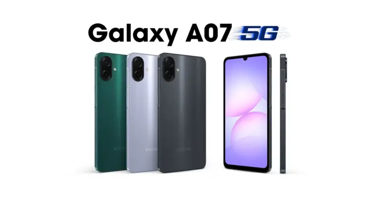 Render desain Samsung Galaxy A07 5G terbaru dalam pilihan warna hijau, silver, dan hitam, menampilkan layar depan dan modul kamera belakang ganda.