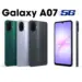 Render desain Samsung Galaxy A07 5G terbaru dalam pilihan warna hijau, silver, dan hitam, menampilkan layar depan dan modul kamera belakang ganda.