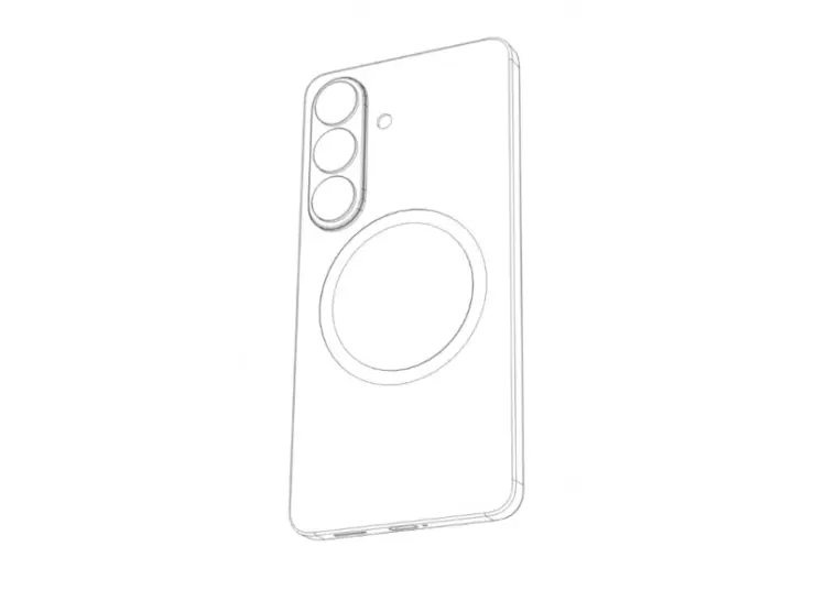 Skema teknis garis belakang Samsung Galaxy S26 yang menampilkan posisi cincin magnetik untuk kompatibilitas aksesoris Qi2.