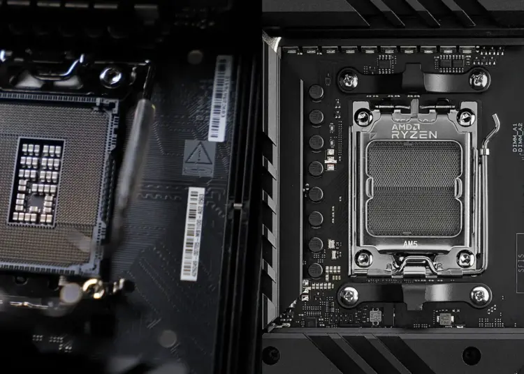 Tampilan close-up socket motherboard AMD AM5 dan Intel LGA terbaru yang mewajibkan penggunaan memori baru, menjadi dilema saat harga RAM DDR5 melonjak tinggi.