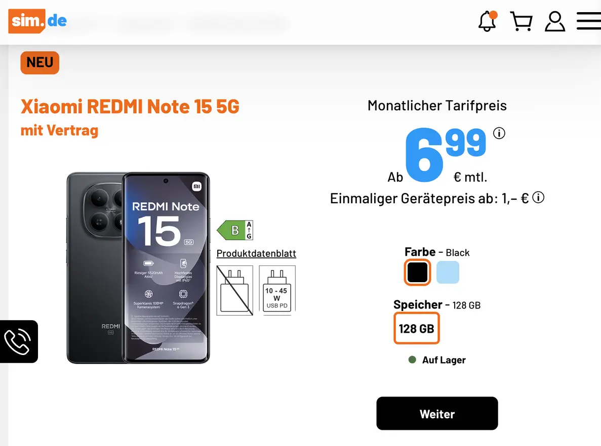 Tangkapan layar listing situs Jerman Sim.de yang mengungkap spesifikasi Redmi Note 15 5G Global dengan baterai 5520mAh dan rating IP65.