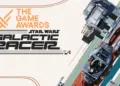 Logo resmi Star Wars: Galactic Racer bersanding dengan logo The Game Awards 2025, menampilkan konsep kendaraan speeder futuristik karya Fuse Games.