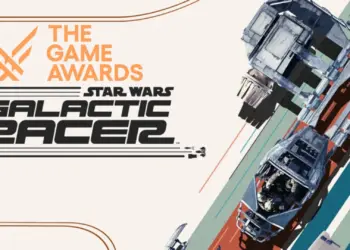 Logo resmi Star Wars: Galactic Racer bersanding dengan logo The Game Awards 2025, menampilkan konsep kendaraan speeder futuristik karya Fuse Games.