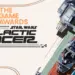 Logo resmi Star Wars: Galactic Racer bersanding dengan logo The Game Awards 2025, menampilkan konsep kendaraan speeder futuristik karya Fuse Games.