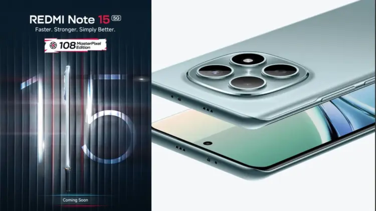 Poster teaser resmi Redmi Note 15 5G yang menampilkan logo 108 MasterPixel Edition bersandingan dengan render desain modul kamera belakang.
