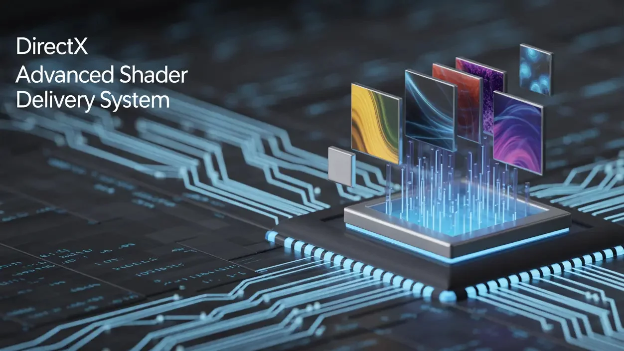 Ilustrasi grafis teknologi DirectX Advanced Shader Delivery System pada chip prosesor, fitur baru Windows 11 untuk mempercepat loading game dan mengurangi stuttering.