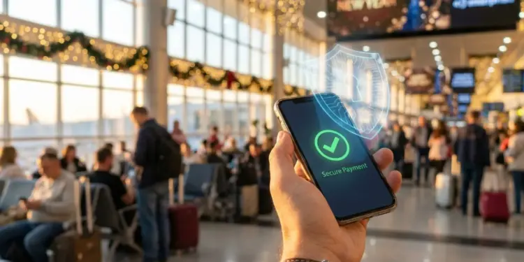 Ilustrasi tips aman transaksi digital saat liburan Nataru 2025 menampilkan smartphone dengan hologram perisai keamanan siber dan status secure payment di tengah suasana bandara.