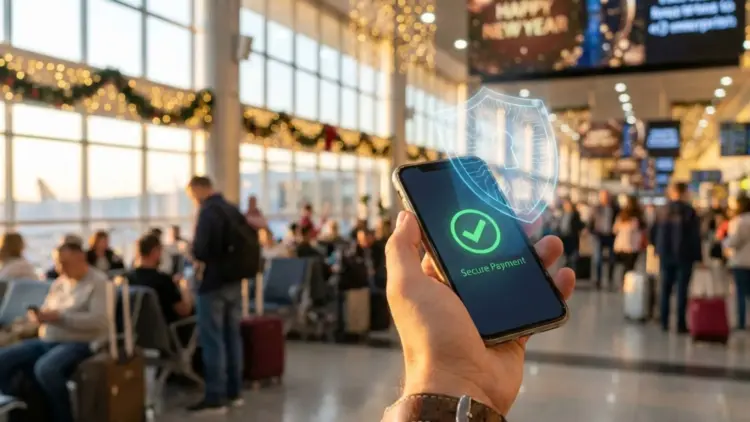 Ilustrasi tips aman transaksi digital saat liburan Nataru 2025 menampilkan smartphone dengan hologram perisai keamanan siber dan status secure payment di tengah suasana bandara.