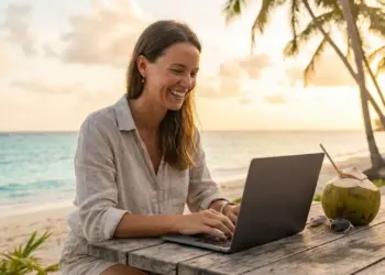 Ilustrasi seseorang sedang kerja online saat liburan di lokasi wisata dengan laptop, menampilkan keseimbangan antara produktivitas kerja remote dan suasana santai.