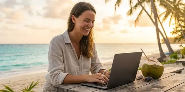 Ilustrasi seseorang sedang kerja online saat liburan di lokasi wisata dengan laptop, menampilkan keseimbangan antara produktivitas kerja remote dan suasana santai.