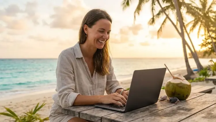 Ilustrasi seseorang sedang kerja online saat liburan di lokasi wisata dengan laptop, menampilkan keseimbangan antara produktivitas kerja remote dan suasana santai.