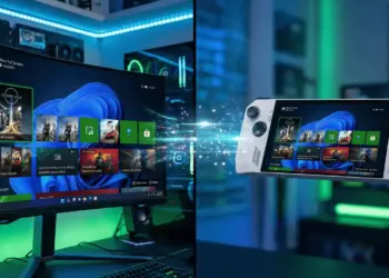 Ilustrasi update gaming Windows 11 yang menampilkan antarmuka Xbox Full Screen Experience berjalan di monitor PC desktop dan konsol handheld secara terintegrasi.