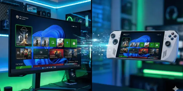 Ilustrasi update gaming Windows 11 yang menampilkan antarmuka Xbox Full Screen Experience berjalan di monitor PC desktop dan konsol handheld secara terintegrasi.