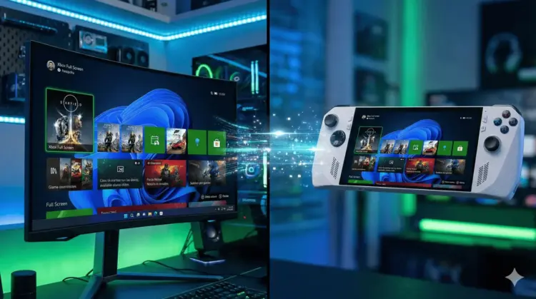 Ilustrasi update gaming Windows 11 yang menampilkan antarmuka Xbox Full Screen Experience berjalan di monitor PC desktop dan konsol handheld secara terintegrasi.
