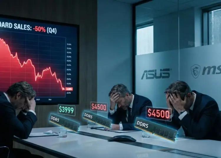 Ilustrasi eksekutif vendor motherboard seperti ASUS dan MSI yang stres melihat grafik penurunan penjualan 50% akibat harga RAM DDR5 yang meroket.