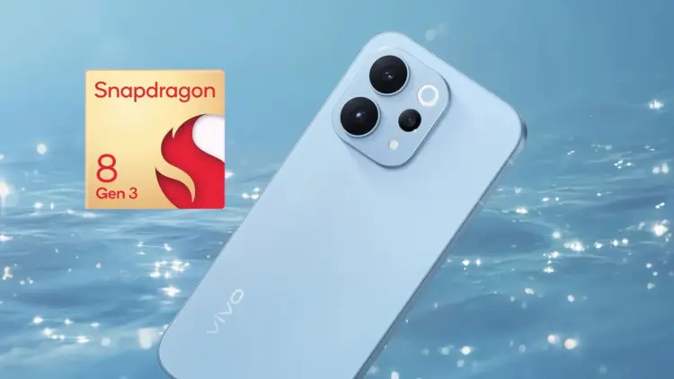 Tampilan desain belakang Vivo S50 warna biru muda dengan logo Snapdragon 8s Gen 3, HP flagship killer dengan baterai 6500mAh.