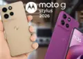 Bocoran wujud asli Moto G Stylus 2026 warna beige dan ungu dengan desain belakang tekstur kulit sintetis, serta logo Motorola.