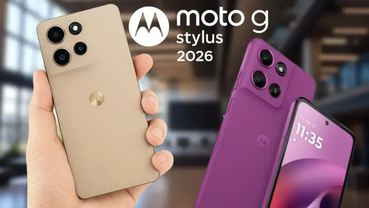 Bocoran wujud asli Moto G Stylus 2026 warna beige dan ungu dengan desain belakang tekstur kulit sintetis, serta logo Motorola.