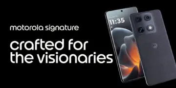Wujud asli HP Motorola Signature menampilkan desain layar lengkung (curved display) dan bodi belakang bertekstur premium. Flagship terbaru dengan slogan 'Crafted for the Visionaries' ini ditenagai Snapdragon 8 Gen 5 dan kamera Sony Lytia.