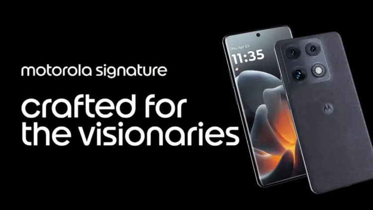 Wujud asli HP Motorola Signature menampilkan desain layar lengkung (curved display) dan bodi belakang bertekstur premium. Flagship terbaru dengan slogan 'Crafted for the Visionaries' ini ditenagai Snapdragon 8 Gen 5 dan kamera Sony Lytia.
