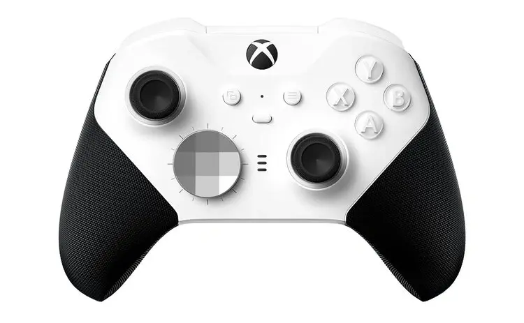 Tampak depan Xbox Elite Wireless Controller Series 2 warna putih dengan grip karet bertekstur dan D-pad hibrida.