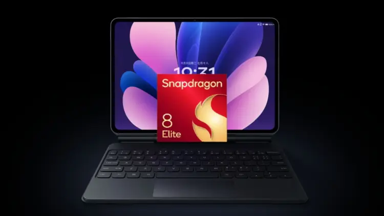 Ilustrasi tablet Xiaomi Pad 8 Pro dengan aksesoris keyboard dan logo chipset Snapdragon 8 Elite, menandakan performa tinggi varian global.