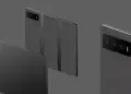 Render desain HP Xiaomi Tri-Fold berwarna hitam yang menampilkan mekanisme lipatan tiga layar dan modul kamera belakang, siap menantang Samsung Galaxy Z TriFold.