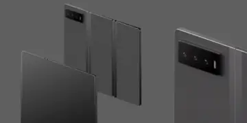 Render desain HP Xiaomi Tri-Fold berwarna hitam yang menampilkan mekanisme lipatan tiga layar dan modul kamera belakang, siap menantang Samsung Galaxy Z TriFold.
